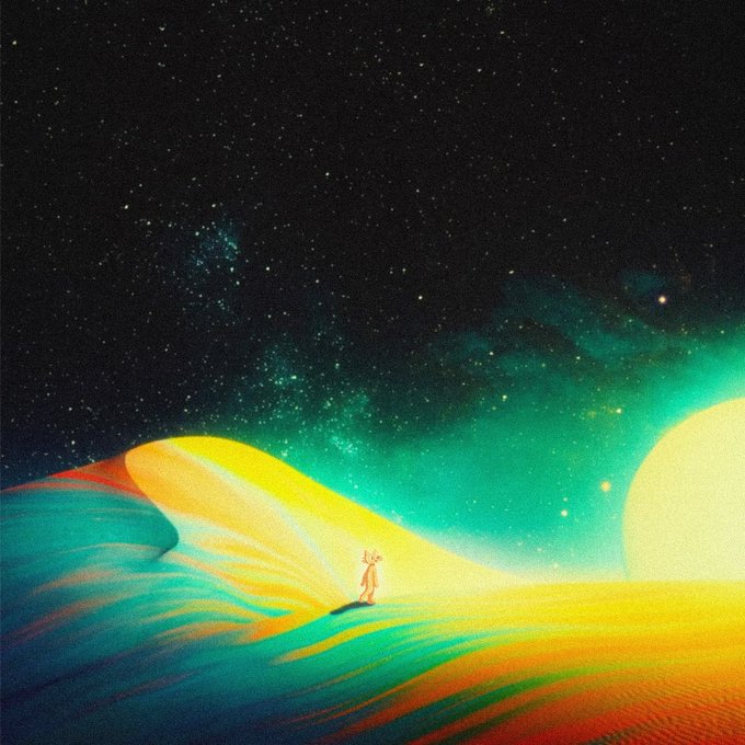 A solitary figure stands beneath a vibrant starry sky, gazing out at a glowing celestial landscape with a massive moon and aurora-like colors sweeping across the horizon—mirroring the post's theme of chasing something bigger while belief powers the journey, with the ticker $CETS representing the aspiration worth pursuing.