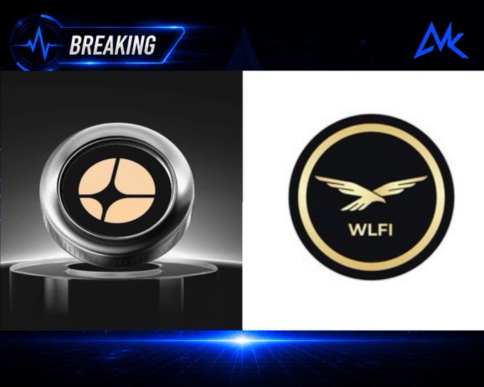 Breaking news graphic showing an XLM (Stellar) token and a WLFI token with an eagle logo displayed side by side on a dark blue background.