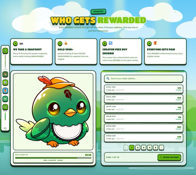 A web interface titled 'WHO GETS REWARDED' for a $BROBBIE token airdrop, featuring a green bird mascot and a leaderboard of wallet addresses.