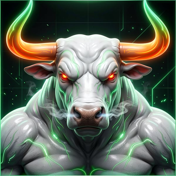A fierce, glowing-eyed white bull with neon green electric veins and orange-tipped horns stands in a powerful stance, symbolizing the bullish momentum and unstoppable strength of the $LEVI token on Solana.