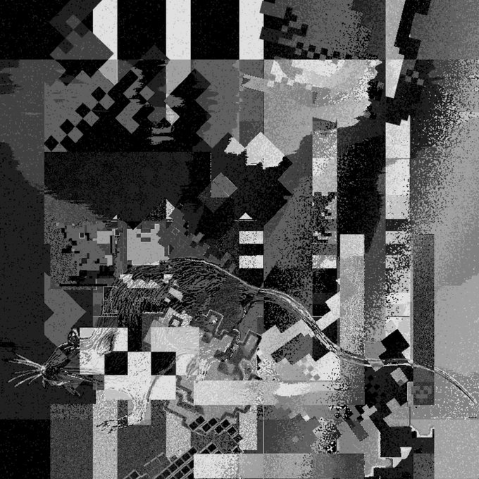 A black and white pixel art/glitch style image featuring abstract geometric shapes and what appears to be a bird-like figure in the center.