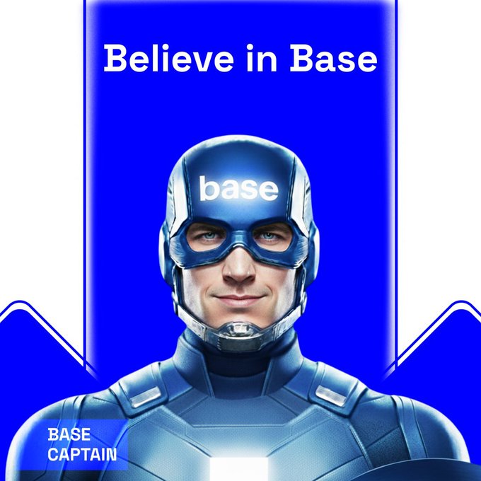 A promotional graphic for 'Base' featuring a character in a blue superhero suit and helmet with 'base' written on it, captioned 'Believe in Base' and 'BASE CAPTAIN' on a blue background.