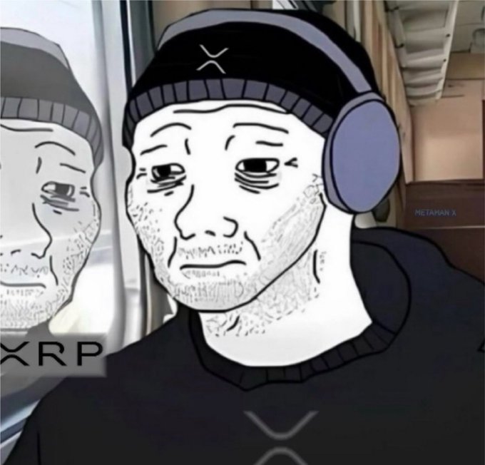 A stylized wojak illustration wearing a beanie and headphones sits on what appears to be public transit, with an XRP logo visible in the lower left corner.