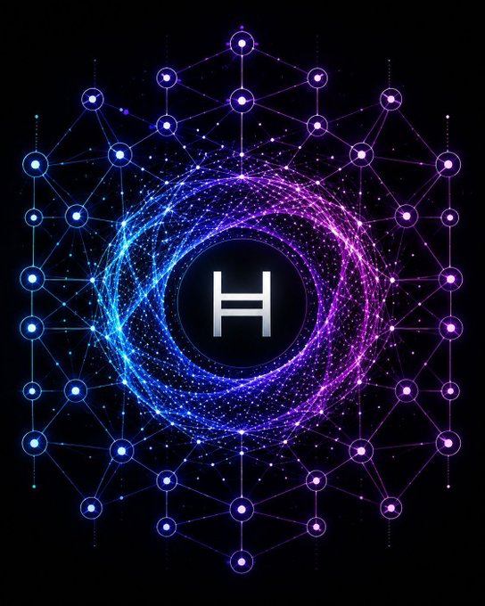 The main focus of the image is a hash graph with a blue circle containing the letter "H" at its center, surrounded by various smaller circles and lines creating a visually appealing design. Above this intricate pattern, there's an accompanying caption that reads, "Hashgraph gives HBAR the foundation for something much larger. Big systems usually begin quietly". The image seems to be part of some platform or social media, as it appears to be shared on platforms like Instagram and Twitter with people admiring its aesthetics and discussing its meaning and importance in the context of hash graphs and big systems.
