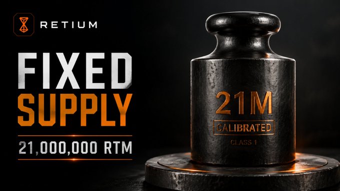 A promotional banner for 'RETIUM' highlighting a 'FIXED SUPPLY' of '21,000,000 RTM' tokens, displayed next to a heavy, black metal calibration weight marked '21M CALIBRATED CLASS 1'.