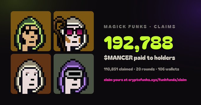 A Cryptofunks digital art promotion with pixel art characters, displaying 192,788 $MANCER paid to holders across 110,851 claims.