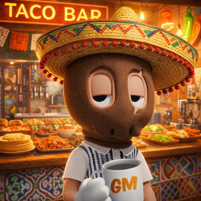 A 3D-rendered character wearing a large Mexican sombrero holding a 'GM' mug, set against a vibrant taco bar background with a "TACO BAR" neon sign.