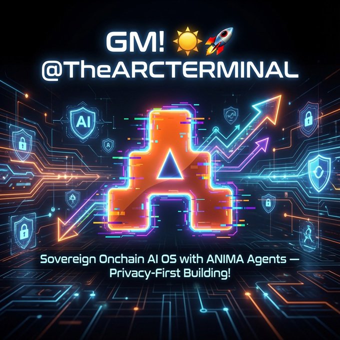 The image features a futuristic scene with neon lights, arrows, shields, and various icons representing different aspects of technology and security. The main focus of the image is an orange letter "A" surrounded by blue lines, which appears to be a symbol or logo related to the company "TheARCTerminal". Below this, there are several text elements that provide information about the company's services and offerings.