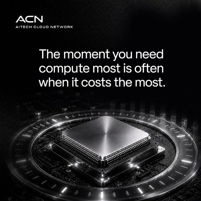 The image features a sleek, futuristic close-up of a metallic CPU/chip on a circular illuminated platform against a dark background, with the "ACN AI TECH CLOUD NETWORK" logo in the upper left and the tagline "The moment you need compute most is often when it costs the most." The visual reinforces the post's message by showcasing the very compute hardware (a high-performance processor) whose scarcity during peak demand drives costs upward, illustrating ACN's point about distributed GPU networks as a solution to this supply-demand problem.
