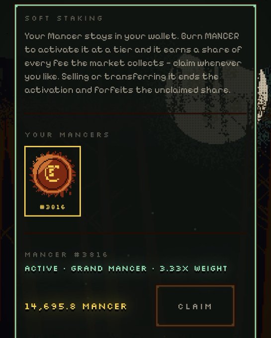 A dark-themed digital interface for 'SOFT STAKING', explaining that a 'MANCER' stays in the user's wallet, showing an 'ACTIVE · GRAND MANCER · 3.33X WEIGHT' item (#3816) with a balance of 14,695.8 MANCER and a 'CLAIM' button.
