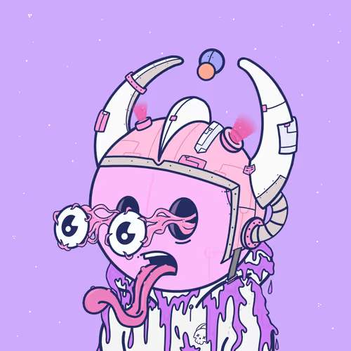 A cartoon illustration features a pink, horned monster with star-shaped sunglasses and a long tongue, dripping green slime against a purple background.