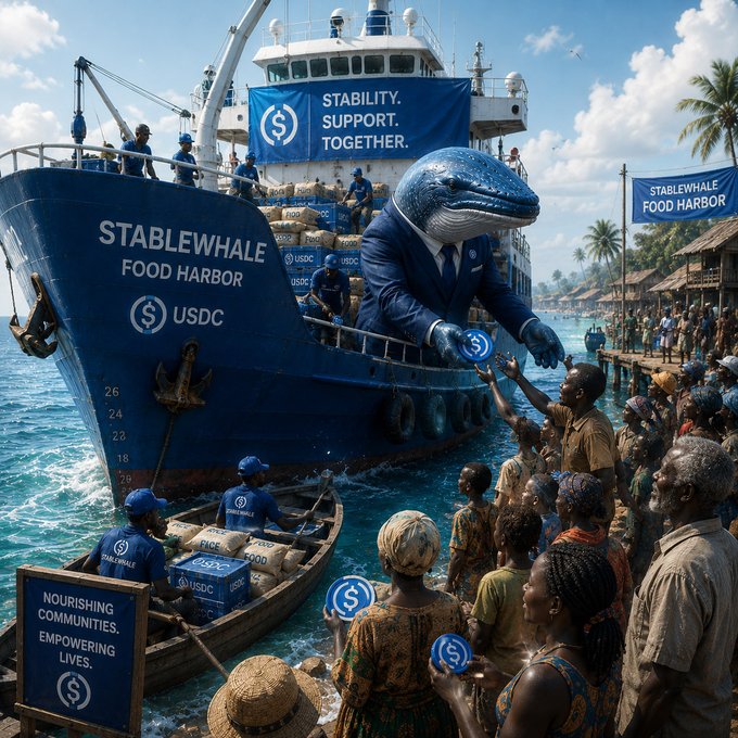 The image features a large blue boat with people standing around it, some of whom are holding blue signs that say "StableWhale Food Harbor" or "StableWhale Stability". The boat appears to be filled with boxes, possibly containing supplies for an event or gathering. StableWhale is the name of the company behind this boat and its operations. The image also includes a post about StableWhale's mission to bring stability, support, and change lives in times of struggle by delivering hope, opportunity, and financial stability through USDC-powered initiatives.