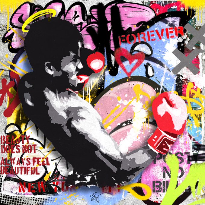 A pop art-style street art piece features a black and white figure of a child with a red nose, set against a colorful background with the text 'FOREVER', 'BEAUTY DOES NOT ALWAYS FEEL BEAUTIFUL', and 'NEW YORK'.