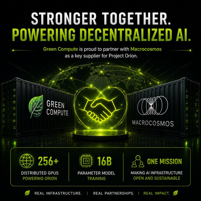 A promotional graphic announces Green Compute's partnership with Macrocosmos as a key supplier for Project Orion, featuring a handshake icon between their logos against a green-lit data center backdrop. The image highlights key stats—256+ distributed GPUs and a 16B parameter model training—under the bold headline "STRONGER TOGETHER. POWERING DECENTRALIZED AI."