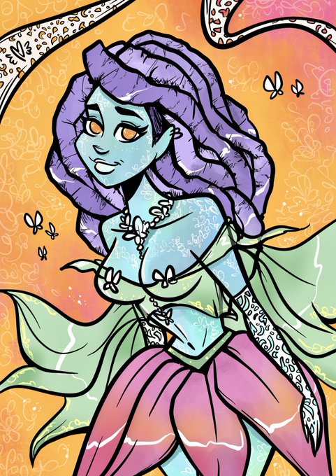 A digital illustration of a fantasy character with blue skin, purple dreadlocks, and a pink/green outfit, surrounded by butterflies against an orange background.
