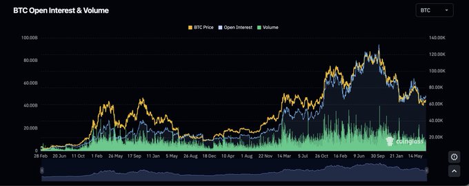 A Coinglass chart titled 'BTC Open Interest & Volume' displaying Bitcoin price, open interest, and volume trends from 2024 through 2025.