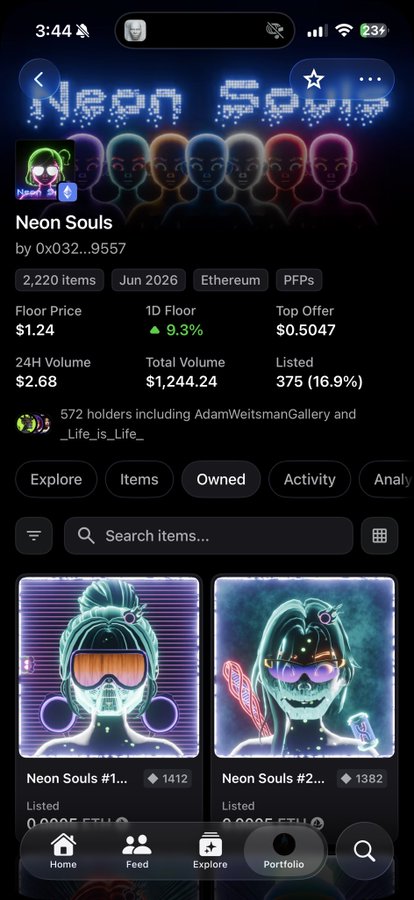 The screenshot shows an OpenSea listing for the "Neon Souls" NFT collection (2,220 items, floor price $1.24, 1D Floor up 9.3%, 24H Volume $2.68, held by 572 holders) with visible pixelated neon character avatars. The user is likely looking to distribute their NFTs, and this image helps identify the collection details and current market status for potential buyers or recipients.