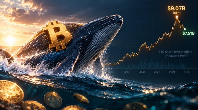 A dramatic digital artwork featuring a whale breaching ocean waves with a golden Bitcoin symbol, alongside a price chart showing $9.07B (ATH) and $7.51B labeled 'BTC Short-Term Holders Unrealized Profit'.