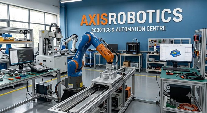 An 'AXIS ROBOTICS - Robotics & Automation Centre' facility featuring an orange and blue robotic arm, workstations with monitors, and 3D printers in a high-tech lab environment.