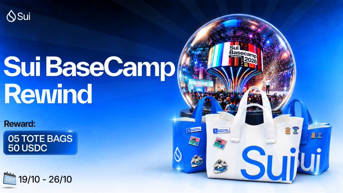 A Sui promotional banner for “Sui BaseCamp Rewind” offers “05 TOTE BAGS 50 USDC,” dated 19/10–26/10, beside Sui-branded bags.