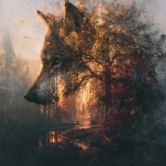 A surreal digital artwork featuring the profile of a wolf's head merged with an autumn forest landscape, with golden trees and warm light forming the upper portion of the animal's silhouette.