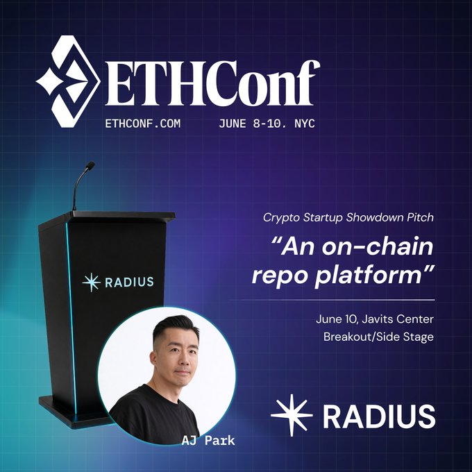The image features a man standing behind a podium at an event called " Crypto Startup Showdown Pitch" scheduled for Saturday, June 10th from 9am to 12pm. The man appears to be presenting or speaking about something related to cryptocurrency.