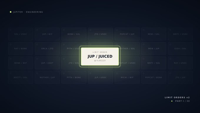 The image features a poster for a platform called "Jup & Juiced." This platform allows users to trade any token (not necessarily fixed sets) with other tokens within a large square grid of rows and columns, giving rise to an entirely new pricing system from what is currently available on most platforms. The poster also mentions that this trading platform was launched before the start of the year, which can be seen as a milestone for the creation of the Juiced platform.