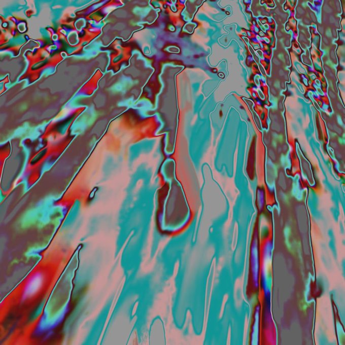 An abstract, psychedelic digital artwork featuring swirling patterns in vibrant teal, red, pink, and dark colors with fluid, dripping textures.