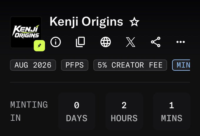 The image displays a countdown timer for the "Kenji Origins" NFT mint, set to begin in 0 days, 2 hours, and 1 minute, aligning with the post's excitement about the upcoming 2-hour mint event.