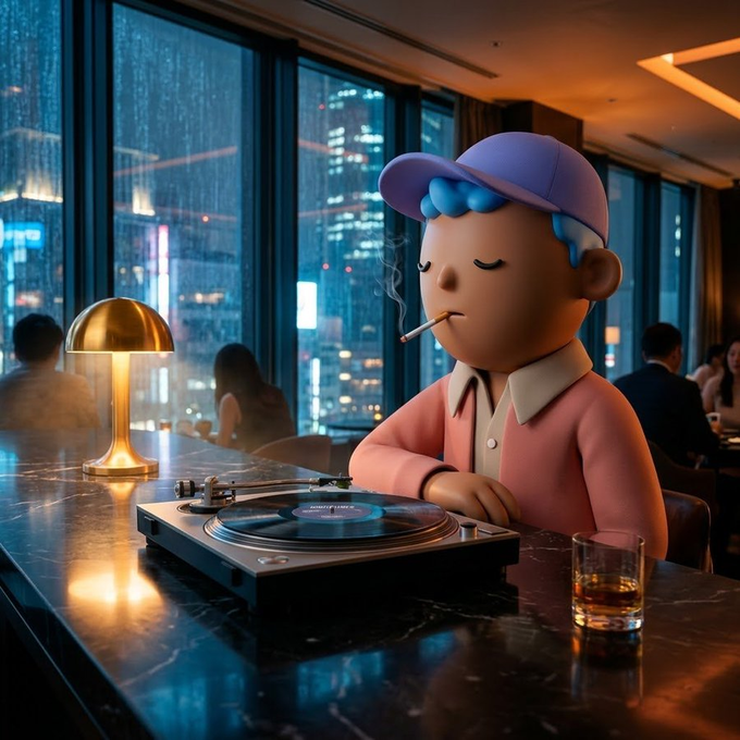 A 3D-rendered cartoon character with closed eyes and a cap sits at a stylish bar/restaurant smoking a cigarette, with a vinyl record player and a glass of whiskey on the table and a rainy cityscape visible through the windows behind.