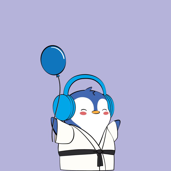 A cartoon penguin wearing a martial arts gi and blue headphones smiles while holding a blue balloon against a lavender background.