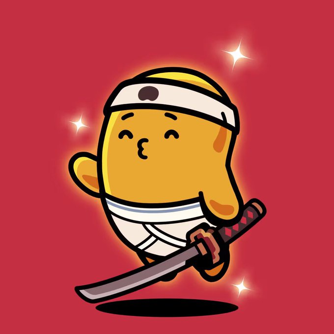 A cartoon character resembling Gudetama dressed as a ninja with a white headband, wielding a katana sword against a red background with sparkle effects.