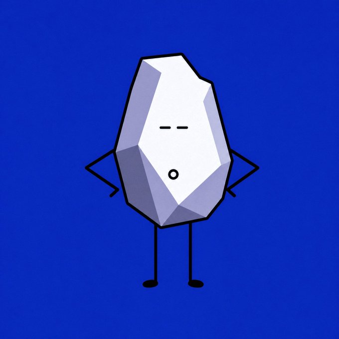 A cartoonish white rock character with a unimpressed face and stick-figure limbs stands against a blue background, likely representing one of the "Arc Rocks" NFTs being announced for the mint day promotion.