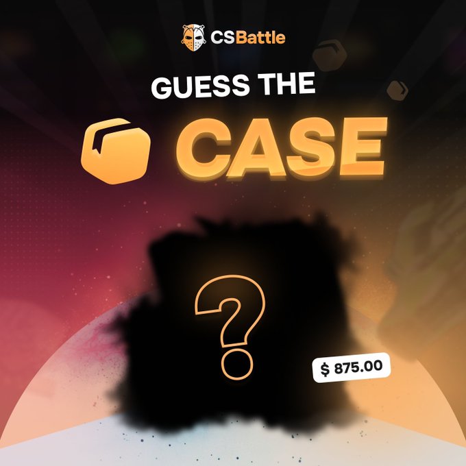 A promotional graphic for "CSBattle" featuring the text "GUESS THE CASE" in bold yellow and white, with a silhouetted case marked with a question mark and a price tag of $875.00.