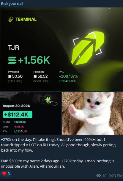 A risk journal entry shows a $5.15K investment in TJR turned into a $159.4K position with a +3087.37% PNL, and the user shares they had just $300 two days ago before a $300K turnaround on a +270K day with 3 SOL. The "ngl" and "I'll take it" references match the casual tone of the journal entry, celebrating the massive gain from a small starting balance.