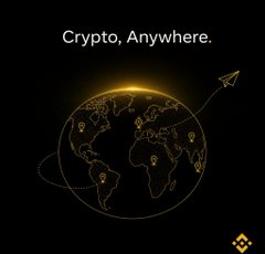 The image shows a dark graphic with a gold-outlined globe, a rocket, location pins marking various continents, and the text "Crypto, Anywhere." alongside a Binance logo. It visually reinforces the post's message by symbolizing global reach and borderless spending, illustrating how Binance Card enables eligible users to pay with crypto at 90M+ merchants worldwide without needing exchange counters.