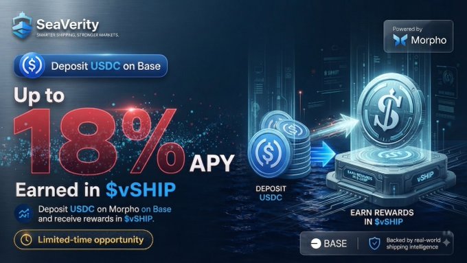 An advertisement for 'SeaVerity' powered by Morpho offering up to 18% APY earned in $vSHIP by depositing USDC on Base, with a limited-time opportunity banner.
