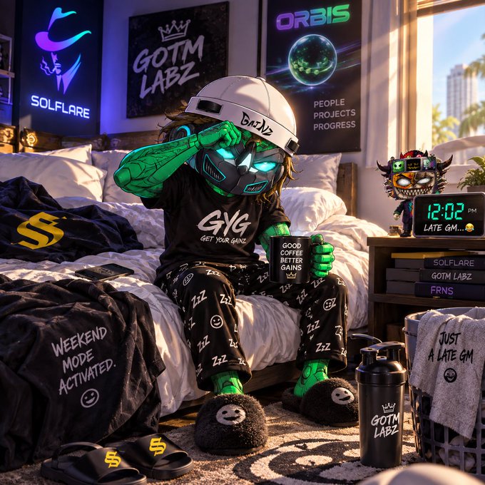 A stylized 3D-rendered character with green skin wearing glowing cyan goggles, a 'GOTM LABZ' cap, and 'Zzz' pajama pants, sitting on a messy bed holding a 'GOOD COFFEE BETTER GAINS' mug in a room decorated with neon signs for 'SOLFLARE' and 'ORBIS'.