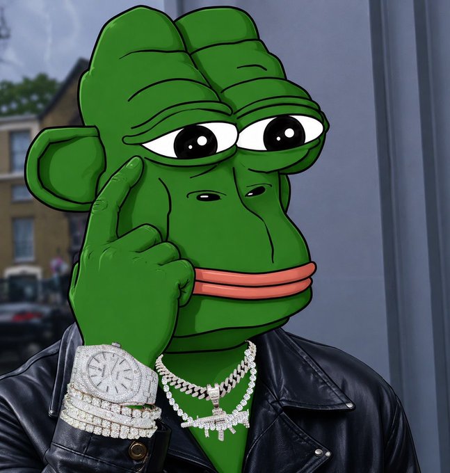 A cartoon-style green Pepe the Frog character wearing a black leather jacket, multiple diamond necklaces, and a diamond-encrusted watch, with one finger pressed to its face.