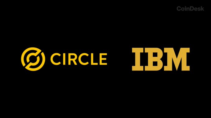 The image displays the logos of Circle and IBM in gold on a black background, representing their notable acquisition deal in which Circle obtained nearly 1,000 blockchain patents from IBM. The CoinDesk watermark in the upper right indicates this graphic accompanies news coverage of Circle becoming the largest holder of blockchain patents in the U.S.