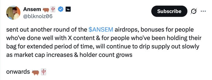 A tweet from user Ansem (@blknoiz06) announcing another round of $ANSEM airdrops as bonuses for active X content creators and long-term holders.