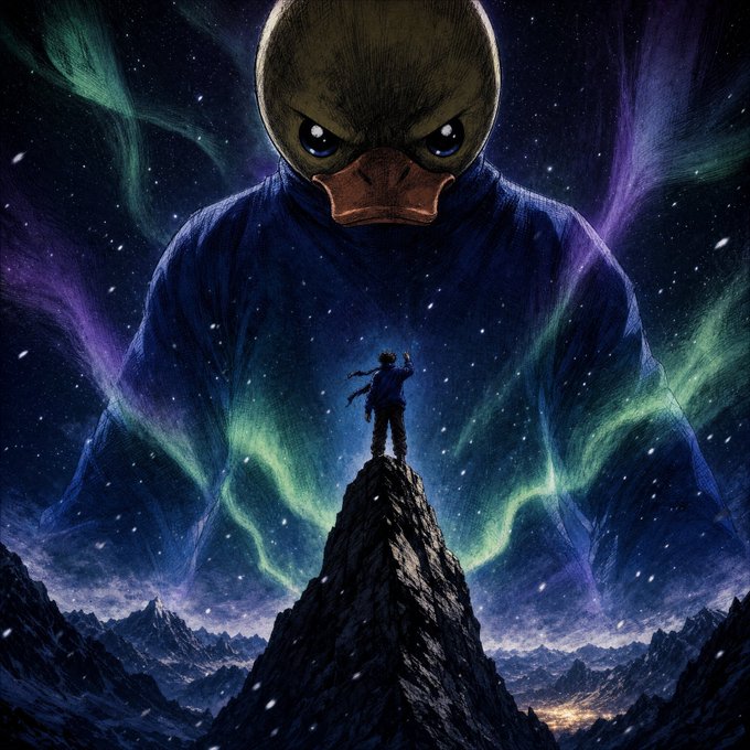An anime-style illustration shows a giant anthropomorphic duck looming ominously over a small figure standing atop a rocky peak, with swirling green and purple aurora-like energy in the starry sky.