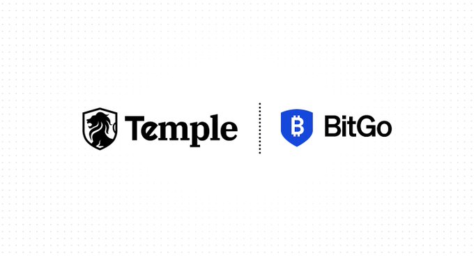 The image displays the logos of "Temple" and "BitGo" side by side, separated by a dotted vertical line, visually representing the partnership between the two companies announced in the post to expand qualified custody for tokenized assets on the Canton network.