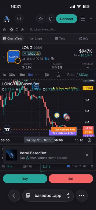 Screenshot of a cryptocurrency trading app showing a chart for the token 'LONG' with a market cap of $947K, featuring Buy/Sell buttons and BasedBot installation prompt.