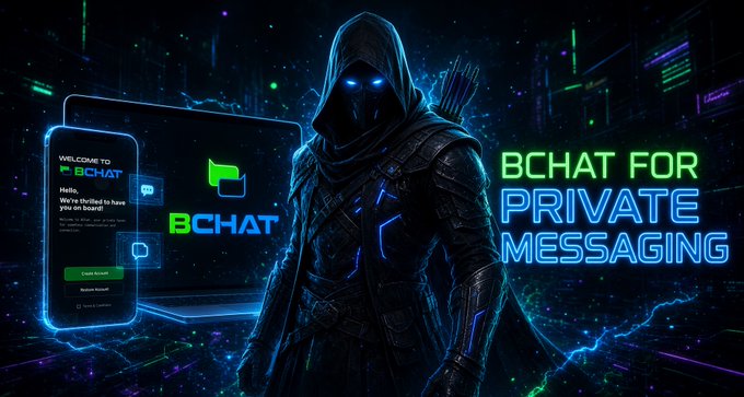 A futuristic hooded figure with glowing blue eyes standing before holographic screens displaying 'BCHAT', with neon text reading 'BCHAT FOR PRIVATE MESSAGING'.