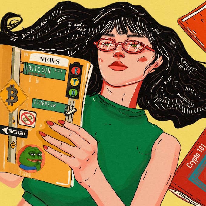 An illustrated cover of 'Crypto 101' magazine showing a woman with dark hair and red glasses reading a 'NEWS' book about Bitcoin and Ethereum, with a Pepe the Frog sticker and 'I DON'T CARE' text.