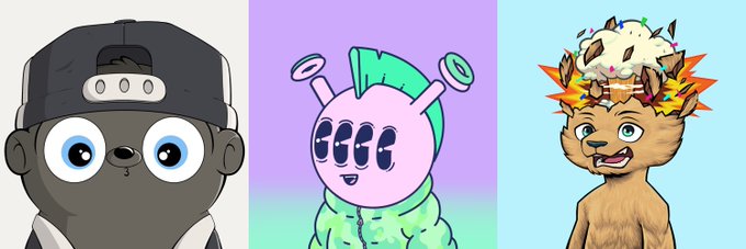 Three cartoon character portraits are displayed side-by-side: a gray character wearing a backward baseball cap, a pink creature with button eyes on a purple background, and a cat-like creature with a spiked collar on a teal background.