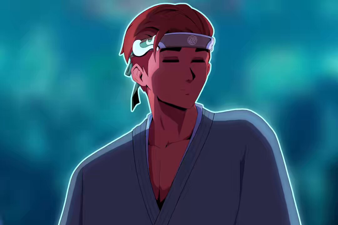 The image features a man wearing a blue robe, with his eyes closed as if he's meditating or daydreaming. The background of the image is a gradient of blue colors that blend into each other, creating an artistic effect. The caption below the image reads "Finding out that I won an Azuki Run Club challenge prize is the perfect time to unveil the fun animation that @opanaanimation made for me featuring my favorite Azuki Elemental in the Jon Hamm dance meme".