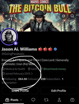 This image shows the Twitter profile of Jason Ai. Williams, who joined in February 2013, aligning with the "2013 fam" indicated in the accompanying post. The profile also features a comic titled "The Bitcoin Bull," which likely relates to the stock ticker $TBB.