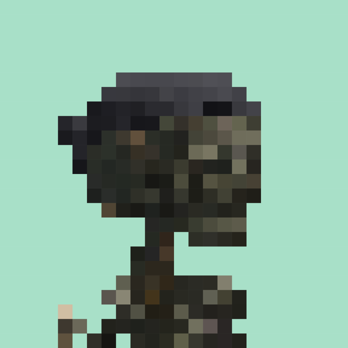 A pixelated character stands against a solid teal background, with the figure's features heavily obscured by low resolution.